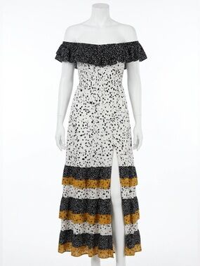 Les Sereine Off Shoulder Smocked Maxi Dress Mixed Print Tiered Slit Large